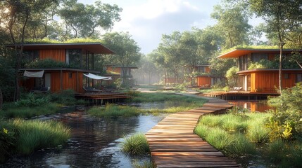 Fototapeta premium Luxury Eco Lodges Wooden Walkway Scenic Lake