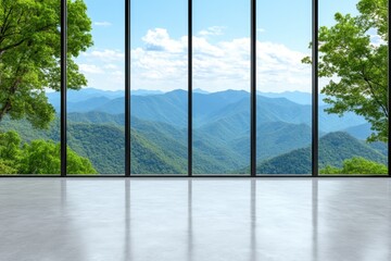 3d render of empty concrete room with large window on nature background, Generative AI