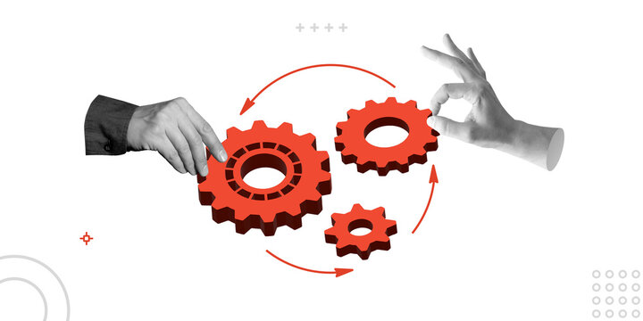 Hands scrolling through red gears. Symbolizes collaboration and process improvement. Minimalist art collage