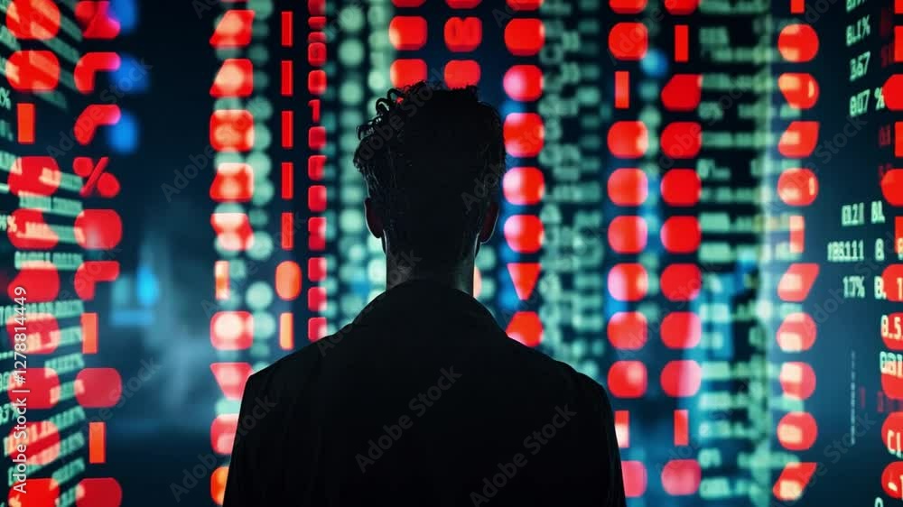 Poster exploring artificial intelligence and data analytics with digital screens in a futuristic setting at