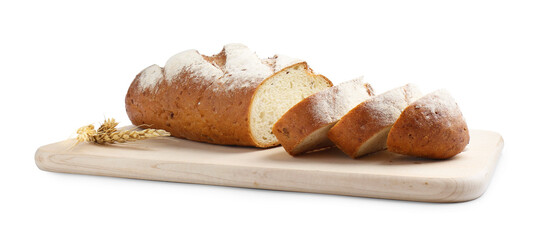 Wooden cutting board with fresh bread and spikes isolated on white