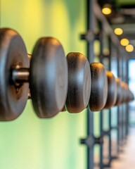 Obraz premium Contemporary Industrial Gym Aesthetic Sleek Weight Rack on Textured Wall - Professional Fitness Hub for Enhanced Workout Experience and Modern Business Environment Showcasing