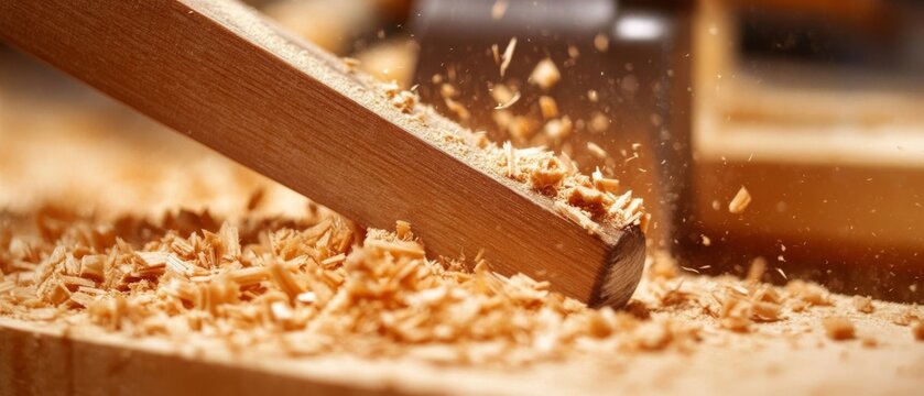 A planer shaves wood, releasing a cascade of sawdust, depicting the craftsmanship and precision of woodworking in action.
