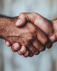 Fototapeta premium Contemporary Business Handshake Portrait Close-Up on Firm Shake, Textured Diversity and Unity - Dynamic Networking Content for Professional Partnerships and Corporate Agreements