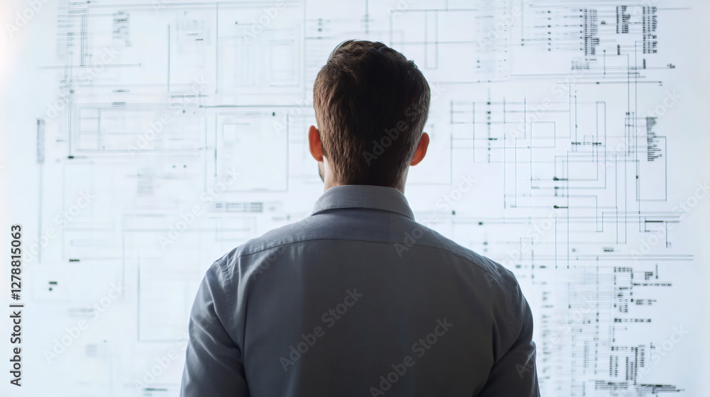 Poster engineer analyzing electronic schematics displayed on a transparent whiteboard, focusing on innovati