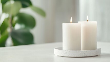 Two white candles on a tray, indoor setting, peaceful scene, home decor, relaxation