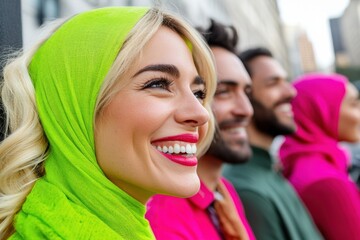 Vibrant Workplace Diversity Smiling Team in Bright Hijabs and Urban Fashion - Social Engagement for Modern Business and Inclusive Marketing Campaigns