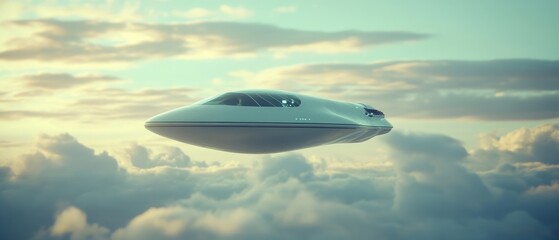 A futuristic craft glides through clouds, silhouetted against a soft, pastel sky, suggesting advanced technology and serene exploration.