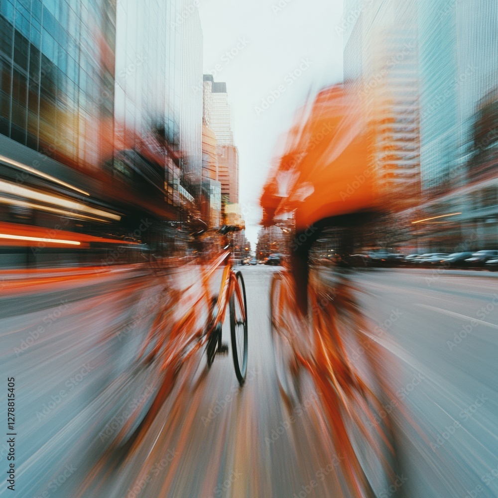 Poster urban futurism graph bicycle courier in high-performance gear navigating downtown - smart mobility c
