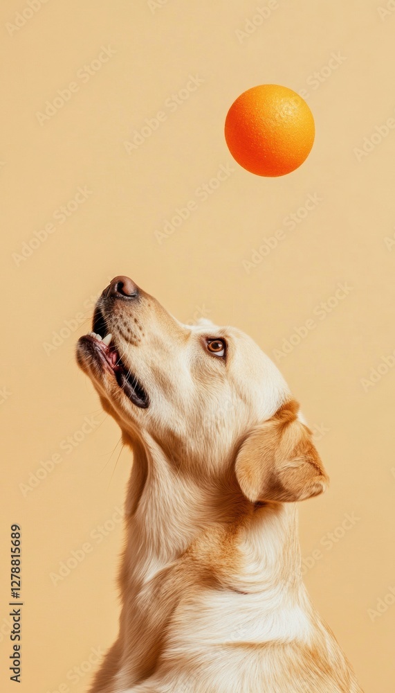 Aufkleber Digital Interaction Modern Canine with Virtual Toy, Studio Texture and Light Beige Backdrop - Tech Innovation in Pet Products and Interactive Experiences