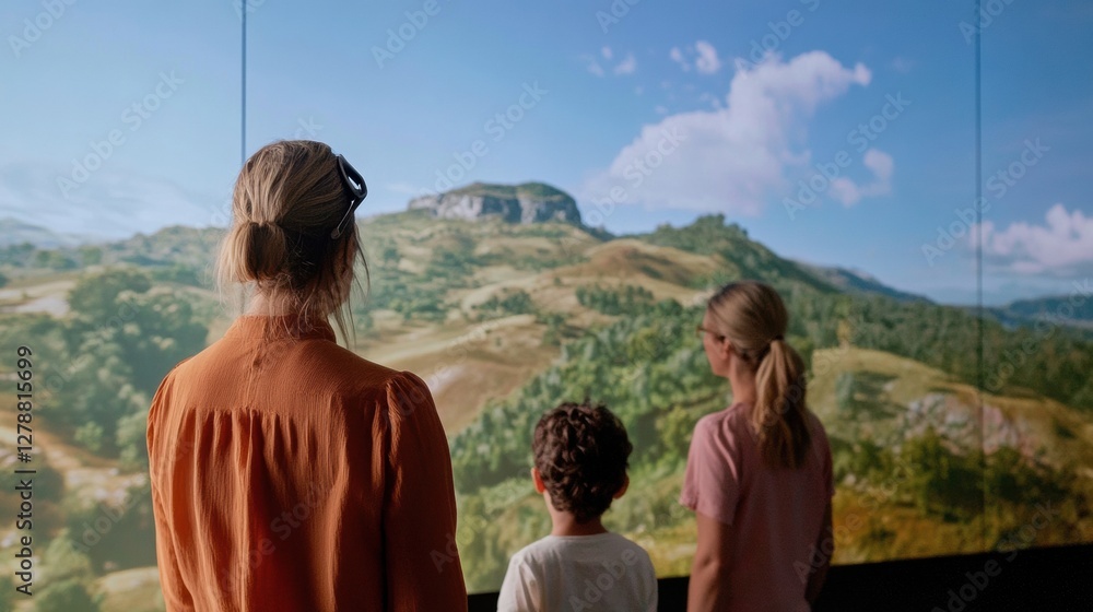 Poster immersive digital experience family engaged in virtual scenic landscape tour on large led screen enh