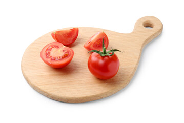 Cutting board with tomatoes isolated on white