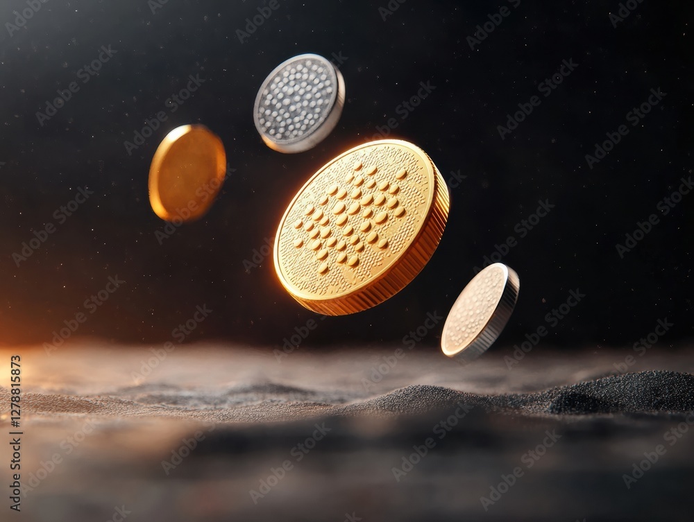 Aufkleber Abstract Fintech Display Floating Golden and Silver Coin Textures with Braille in Dynamic Light - Accessible Future Finance and Digital Asset Marketing