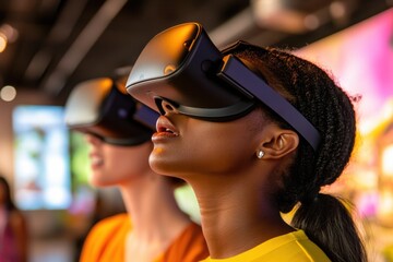 Futuristic VR Tourism Experience Diverse Young Adults in High-Tech Co-working Space with Next-Gen Headsets - Immersive Digital Travel for Modern Business Innovation