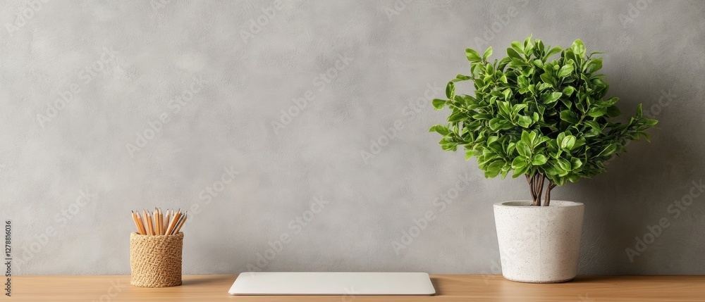 Poster minimalist workspace aesthetic wireless keyboard and mouse on wooden desk with greenery - eco-friend