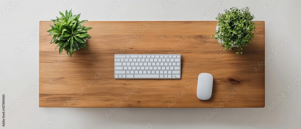 Poster minimalist scandi workspace wireless keyboard and mouse on sleek wooden desk with greenery - modern 