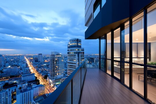 A captivating image of a skyscraper rooftop terrace with a breathtaking view of the city, highlighting urban living and the lifestyle of city dwellers