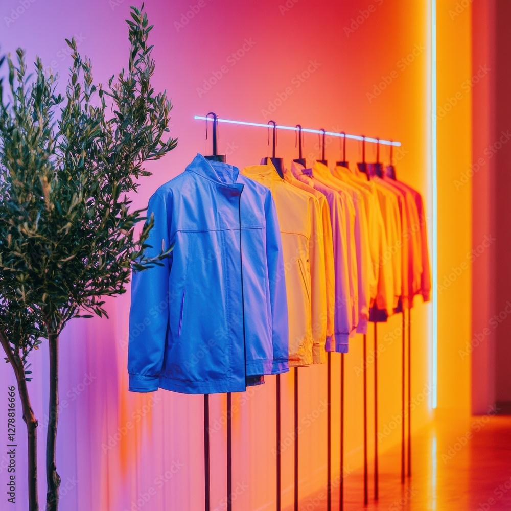 Poster neon-infused fashion display sleek jackets on minimalistic metal racks in ambient light - targeting 