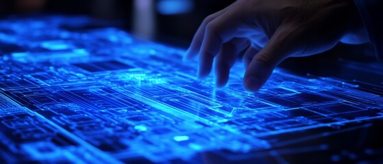 A hand interacting with a digital interface, illuminated in vibrant blue, suggesting futuristic technology and innovation.