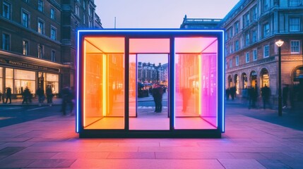 Neon-Infused Urban Pop-Up Vibrant Glass Kiosk with Young Shoppers (25-35) in Bustling City - Experiential Retail and Brand Engagement in Modern Urban Settings
