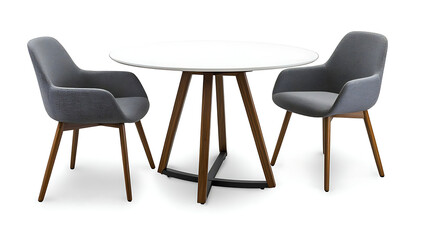 A round dining table with a white top and sleek wooden legs, surrounded by minimalist chairs, set on  white background