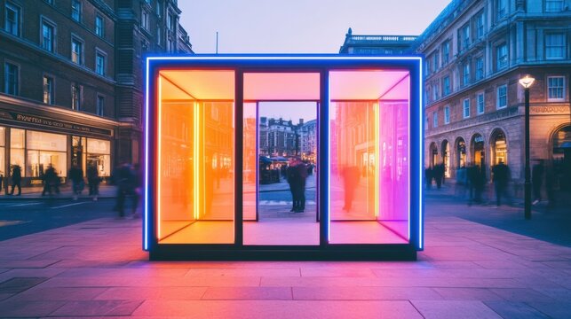 Neon-Infused Urban Pop-Up Vibrant Glass Kiosk with Young Shoppers (25-35) in Bustling City - Experiential Retail and Brand Engagement in Modern Urban Settings