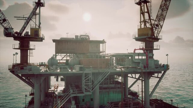 An old oil rig platform extracting oil amidst the vast ocean.