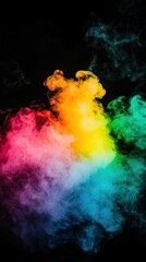 A vibrant cloud of colorful smoke swirls against a dark background, showcasing a spectrum of hues from pink to yellow to green.