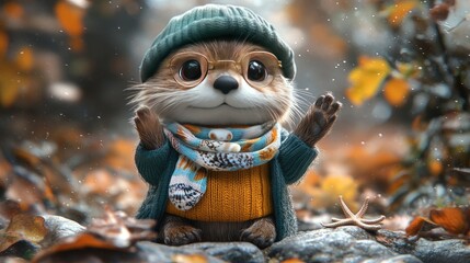 Obraz premium Adorable Otter in Autumn Outfit Digital Art