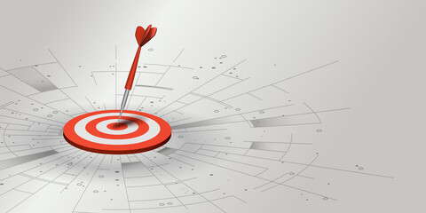 Red dart hitting the center of a target on a white digital-themed background. Concept of achievement and accuracy.