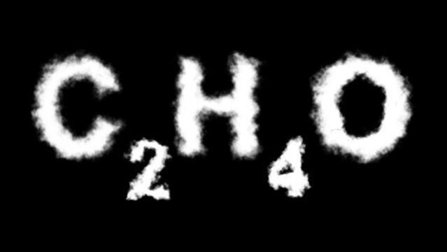 A C₂H₄O (ethylene oxide) molecule symbol with a smoke cloud text effect on a black background, representing its use as an industrial chemical, sterilizing agent, and toxic compound