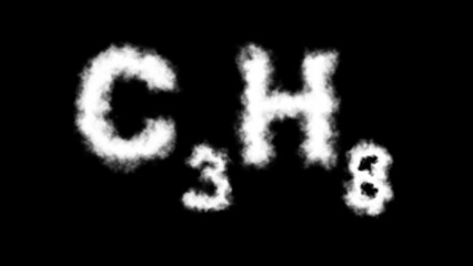 Fototapeta premium A C₃H₈ (propane) molecule symbol with a smoke cloud text effect on a black background, representing its use as a fuel source and chemical properties