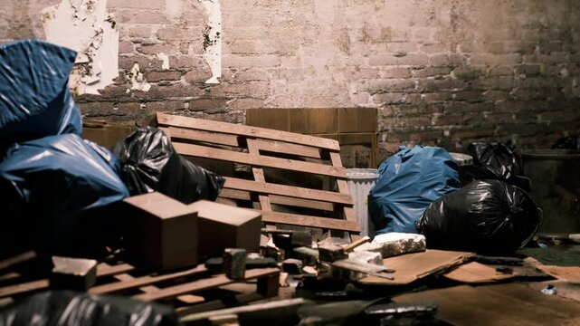 A cluttered basement filled with black trash bags, wooden pallets, and scattered debris creates a disorganized atmosphere. The dim lighting adds to the overall murky feel of the space.