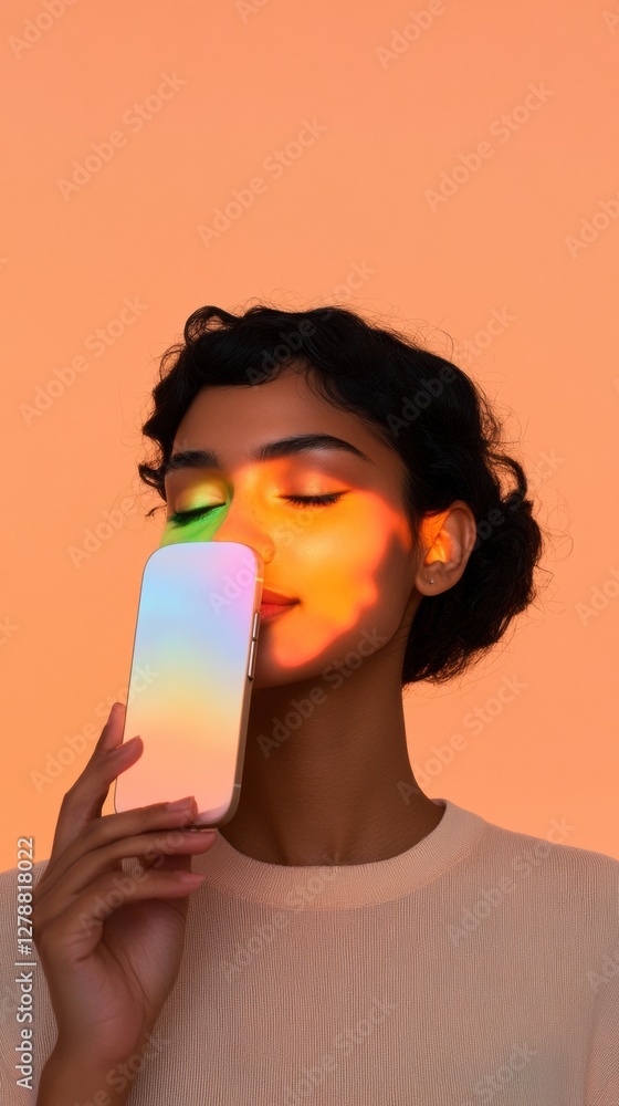 Poster minimal gradient technology south asian woman with smartphone displaying digital color illusion for 