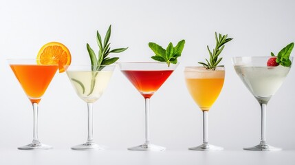 Fototapeta premium Minimalist Cocktail Display Curated Martini Glass Collection with Natural Garnishes on Reflective Bar - Craft Beverage Marketing and Innovative Mixology Display