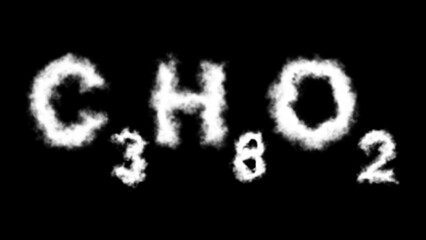 A C₃H₈O₂ (propylene glycol) molecule symbol with a smoke cloud text effect on a black background, representing chemical properties, industrial applications, and solvent use