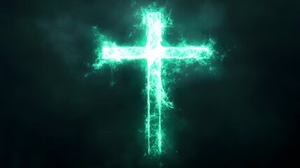 Fototapeta premium A glowing green crystal cross on a black background 