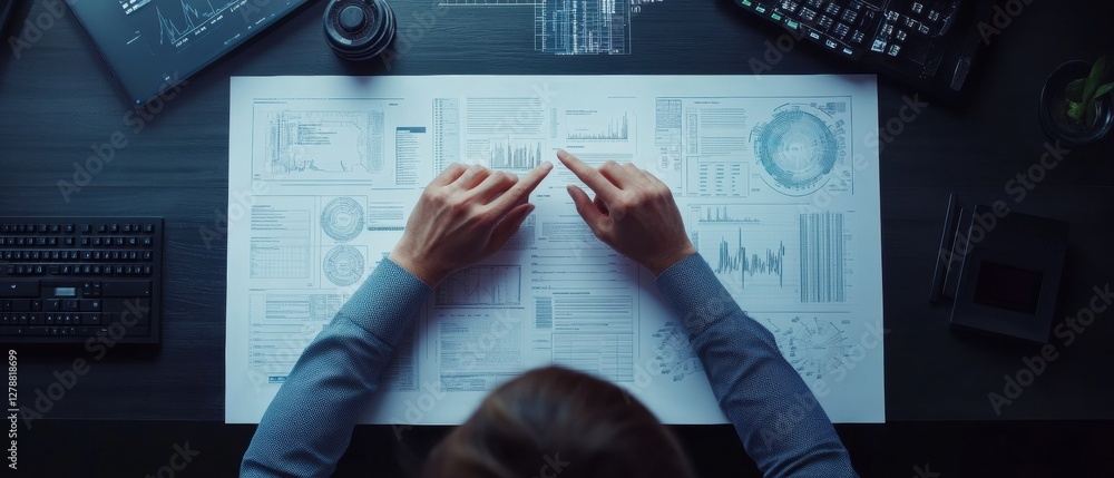 Poster Modern Business Analytics Hands Highlighting Financial Charts and Digital Interfaces on Sleek Desk - Professional Consulting and Data-Driven Insights for Strategic Decision-Making
