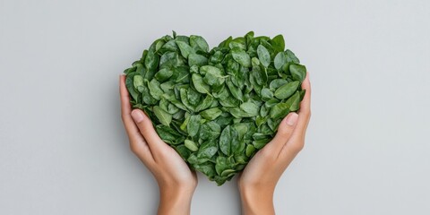 Eco-Wellness Hand Display Tender Grip on Leafy Heart Shape, Emphasizing Natures Texture for Holistic Health and Sustainable Lifestyle Branding