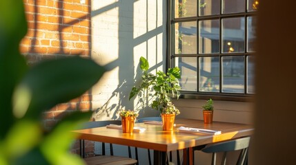 Industrial Chic Cafe Space Sunlit Wooden Tables with Greenery - Casual Networking Hub for Community Engagement and Modern Business Dynamics
