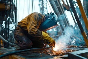Industrial Welding on an Oil Rig with Protective Gear