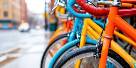 Obraz premium Vibrant Urban Bike Share Hub Colorful Docked Bicycles with Textured Handlebars - Modern Mobility Solutions and Eco-Friendly Urban Commuting Transitions