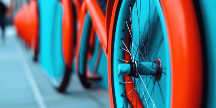 Vibrant Urban Bike Share Sleek Docked Bicycles Lineup with Bold Wheels - Accessible Public Transit Content for Modern Shared Mobility Solutions
