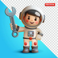 Astronaut holding wrench, 3d vector. Suitable for educational, industrial and design elements