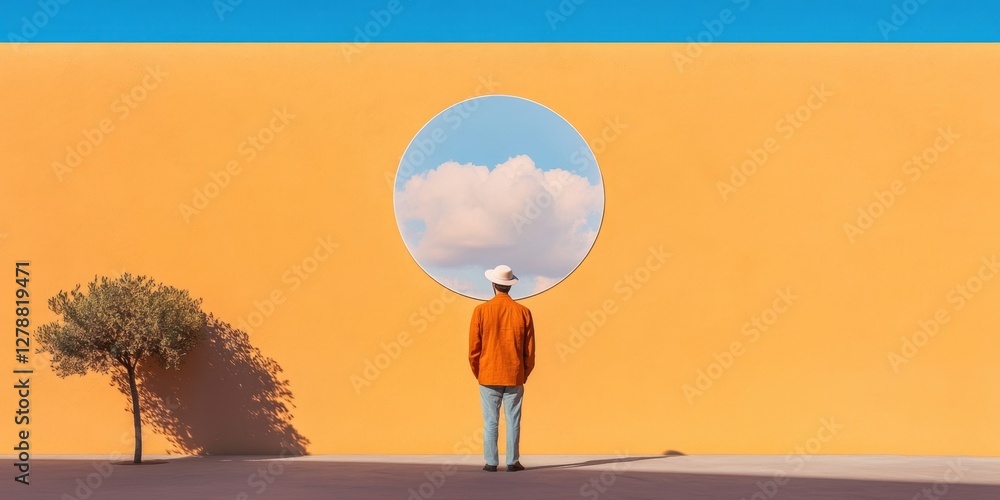 Poster contemporary architectural aesthetic circular window in vibrant concrete wall with silhouette - visi