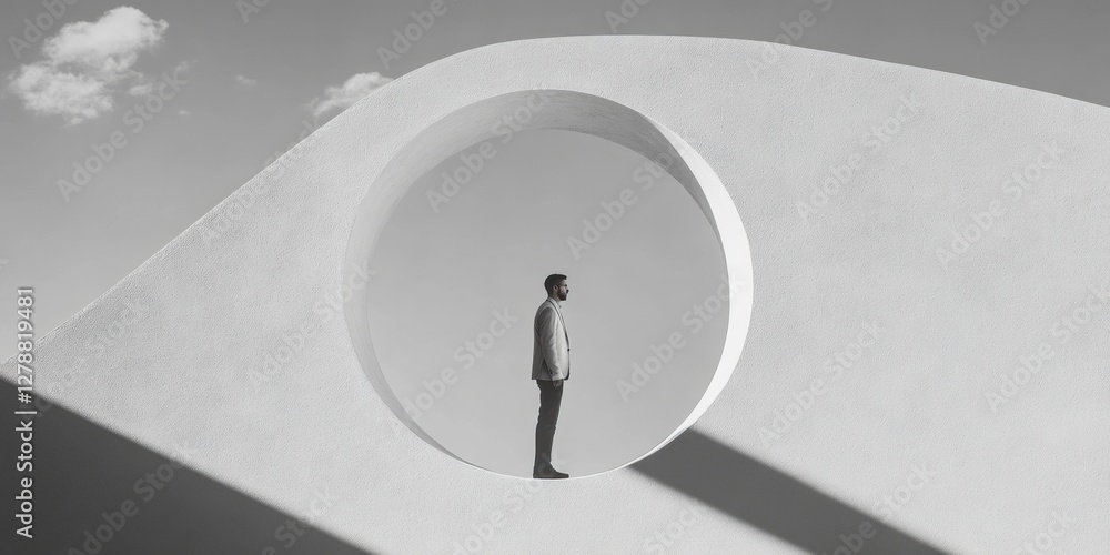 Aufkleber geometric minimalism in architecture circular concrete portal with silhouetted figure - modern visua