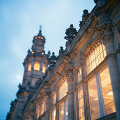 Fototapeta premium Illuminated Gothic Revival Castle at Dusk Ornate Stone Facade and Towers - Enchanting Travel Imagery for Destination Marketing and Fantasy Tourism Experiences