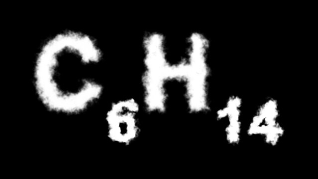 A C₆H₁₄ (hexane) molecule symbol with a smoke cloud text effect on a black background, representing organic chemistry, industrial applications, and volatility