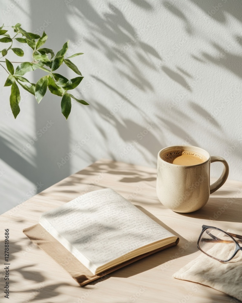 Poster minimalist workspace design neutral ceramic mug and open notebook on wooden desk with natural light 