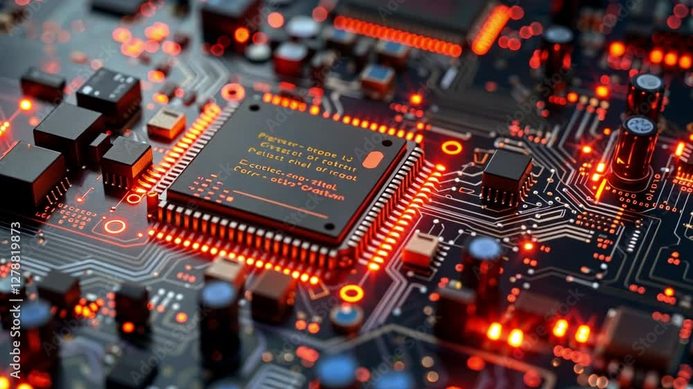 Poster exploring intricate details of a modern circuit board showcasing advanced technology in vibrant illu